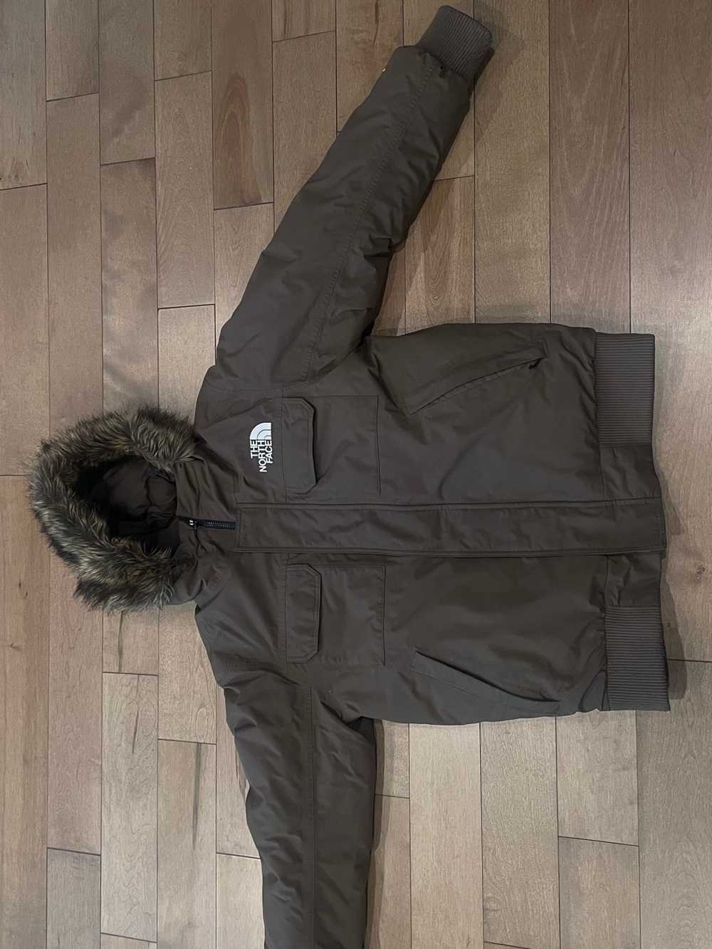 The North Face Men's Hooded Puffer Jacket in Brown with Fur Trim